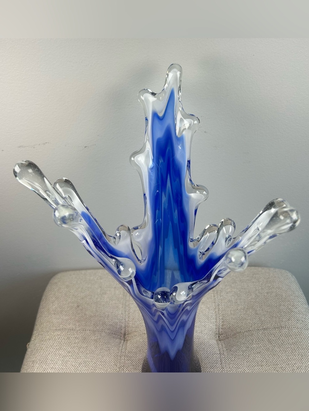 Murano Cobalt Blue & White Splash Vase Vintage 15’ Frozen Leaf Look Great Cond! - Picture 6 of 12